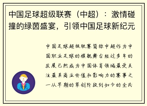 中国足球超级联赛（中超）：激情碰撞的绿茵盛宴，引领中国足球新纪元